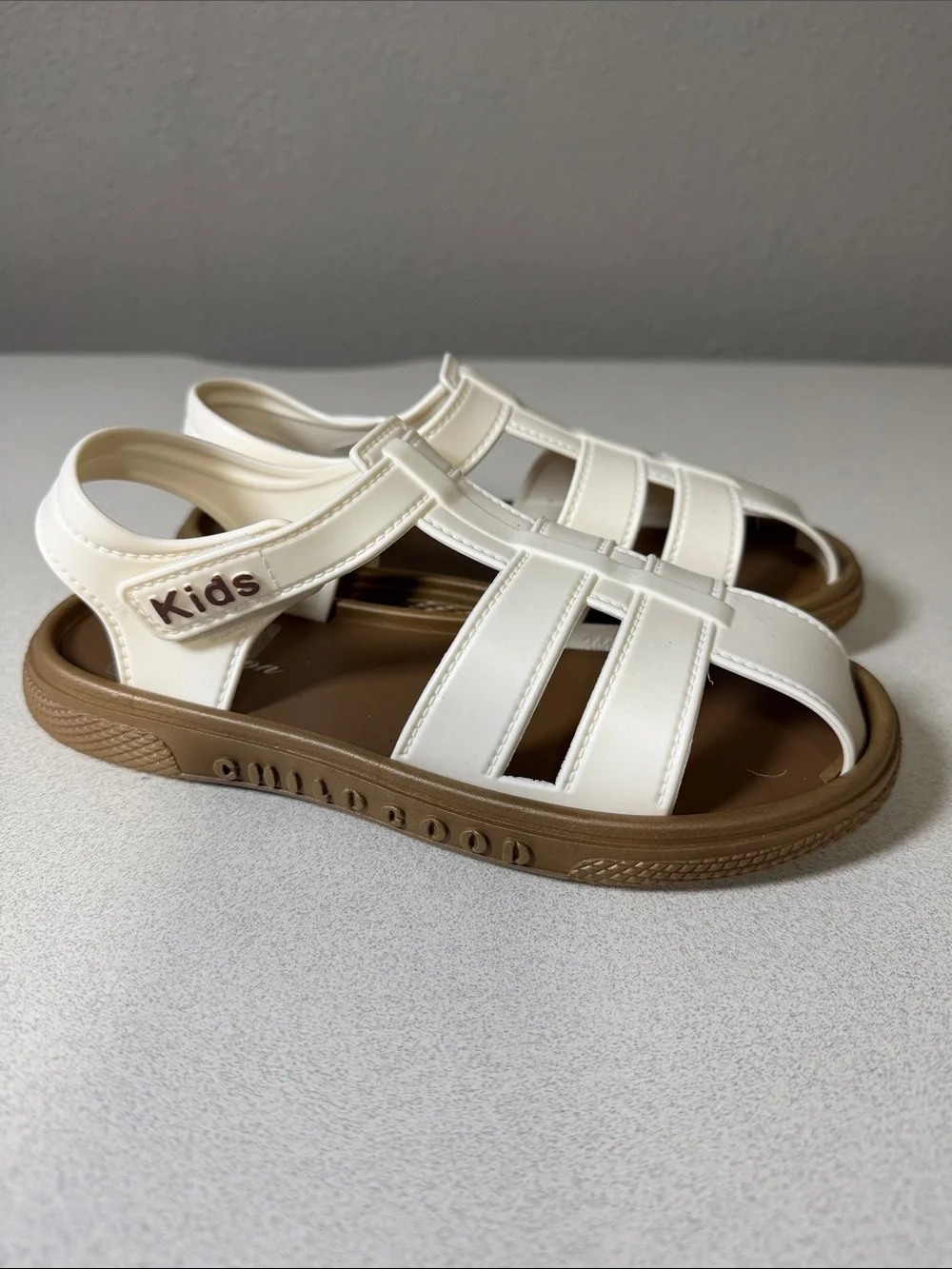 Kids Cream Closed-Toe Sandals with Brown Sole - Secure Hook & Loop